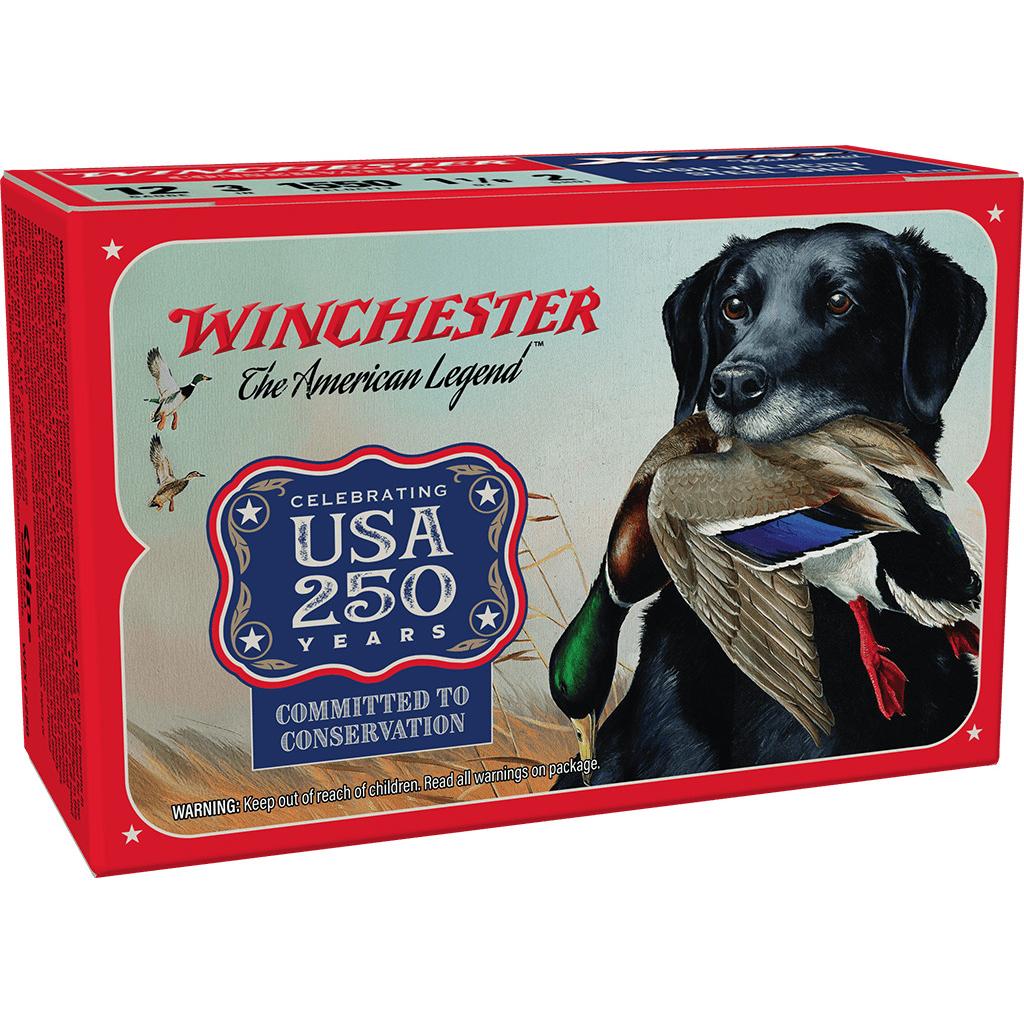 Photorealistic 8K studio hero shot of Winchester USA 250th Anniversary Xpert Waterfowl Shotshells 12ga 3 inch box centered on clean white background with premium soft lighting and sharp packaging details