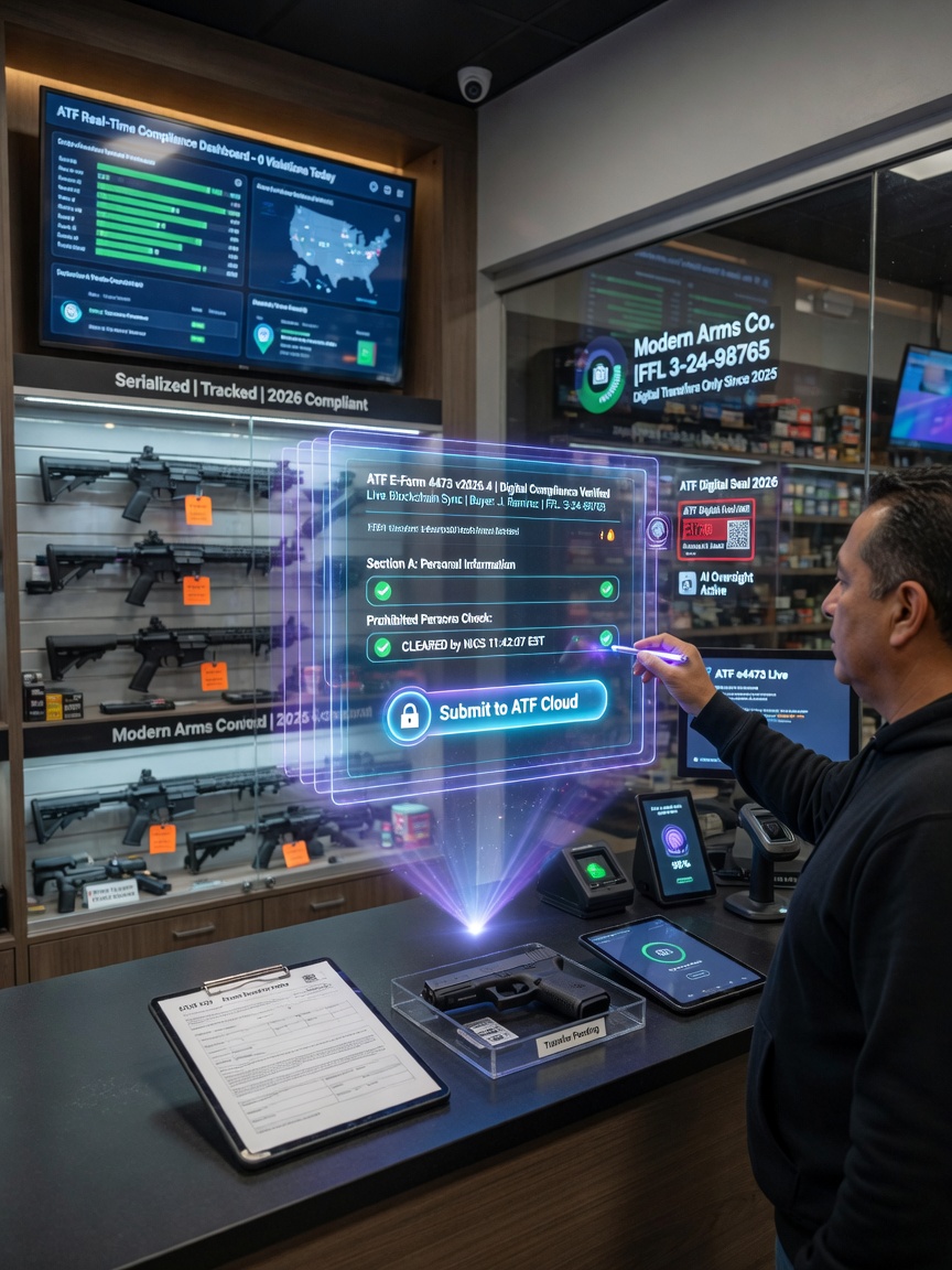 Ultra-realistic 8K futuristic image representing 2026 ATF digital compliance with holographic E-Form 4473 interface and modern gun store setting