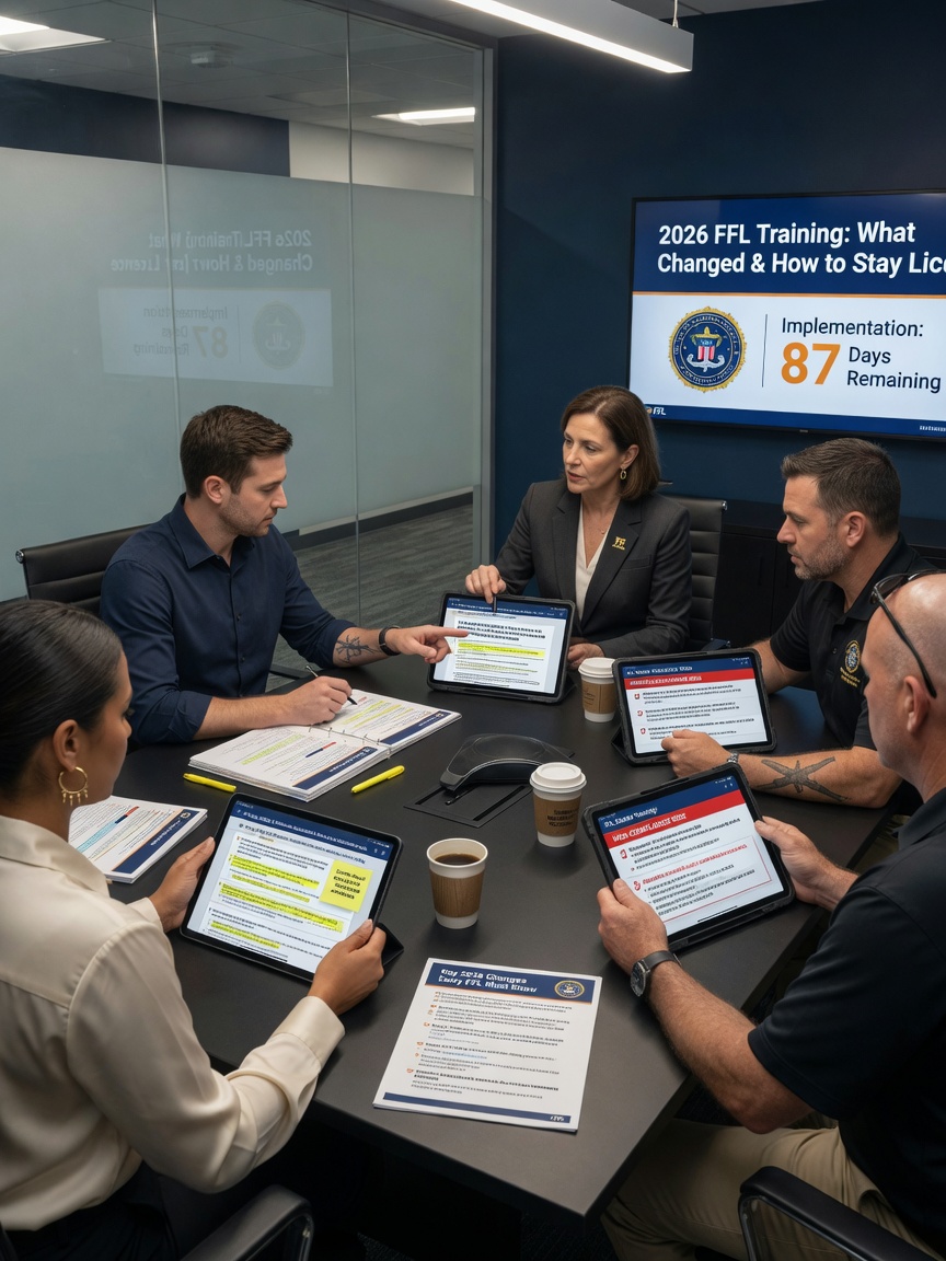 Ultra-realistic 8K photograph of an FFL dealer training session with staff reviewing new 2026 compliance regulations on digital tablets