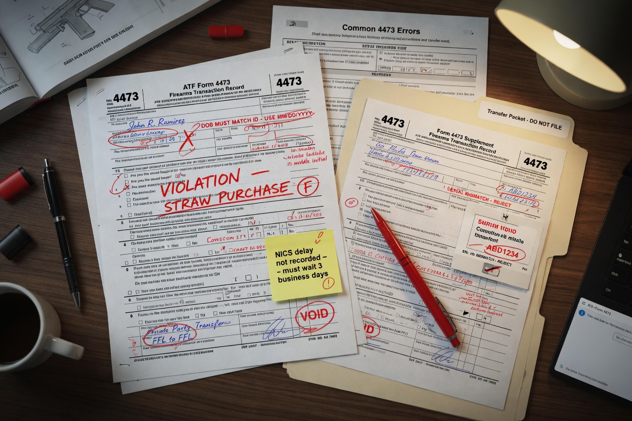 Ultra-realistic 8K image showing common mistakes in firearm transfer paperwork with red correction marks, educational style on desk setting