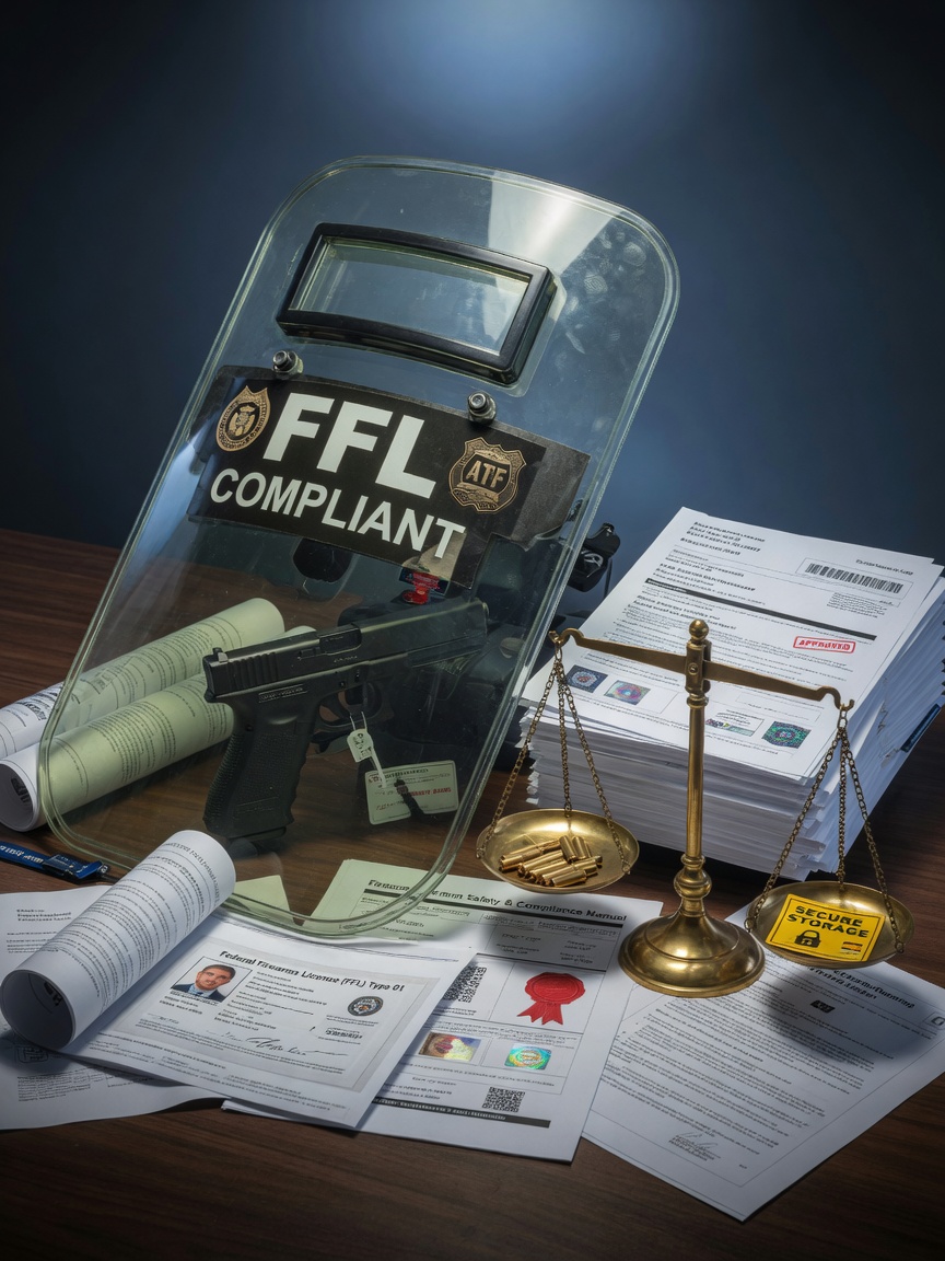 Ultra-realistic 8K conceptual image of shield protecting a firearm, scales of justice and legal documents representing FFL compliance and safety