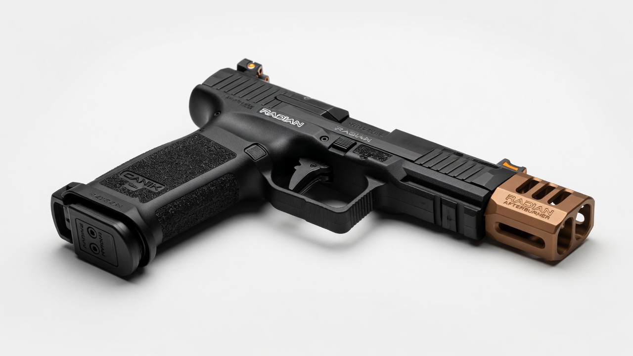 Ultra-sharp 8K professional product photography of a black Canik Prime Radian 9mm pistol lying on pure seamless white background, perfect left-side profile view, bronze Radian AFTERBURNER compensator clearly visible, aggressive slide serrations, Night Fision tritium sights with orange front dot, Radian magwell attached, even soft studio lighting with minimal shadows, crisp edge definition, mirror-like metal finishes, commercial catalog quality --ar 16:9 --stylize 100 --v 6 --q 2