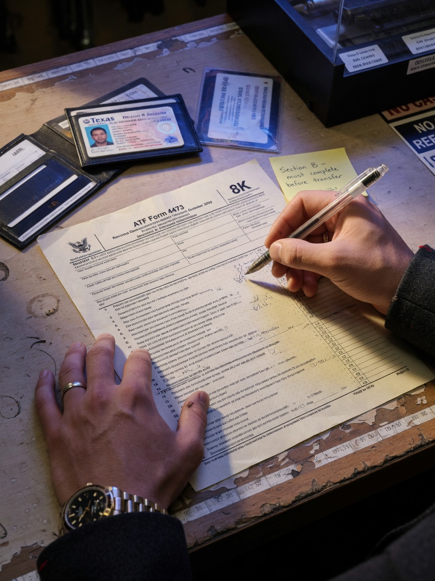 Ultra-realistic 8K close-up of hands filling out ATF Form 4473 at a gun store counter with proper identification documents and pen, highly detailed paper texture and realistic lighting