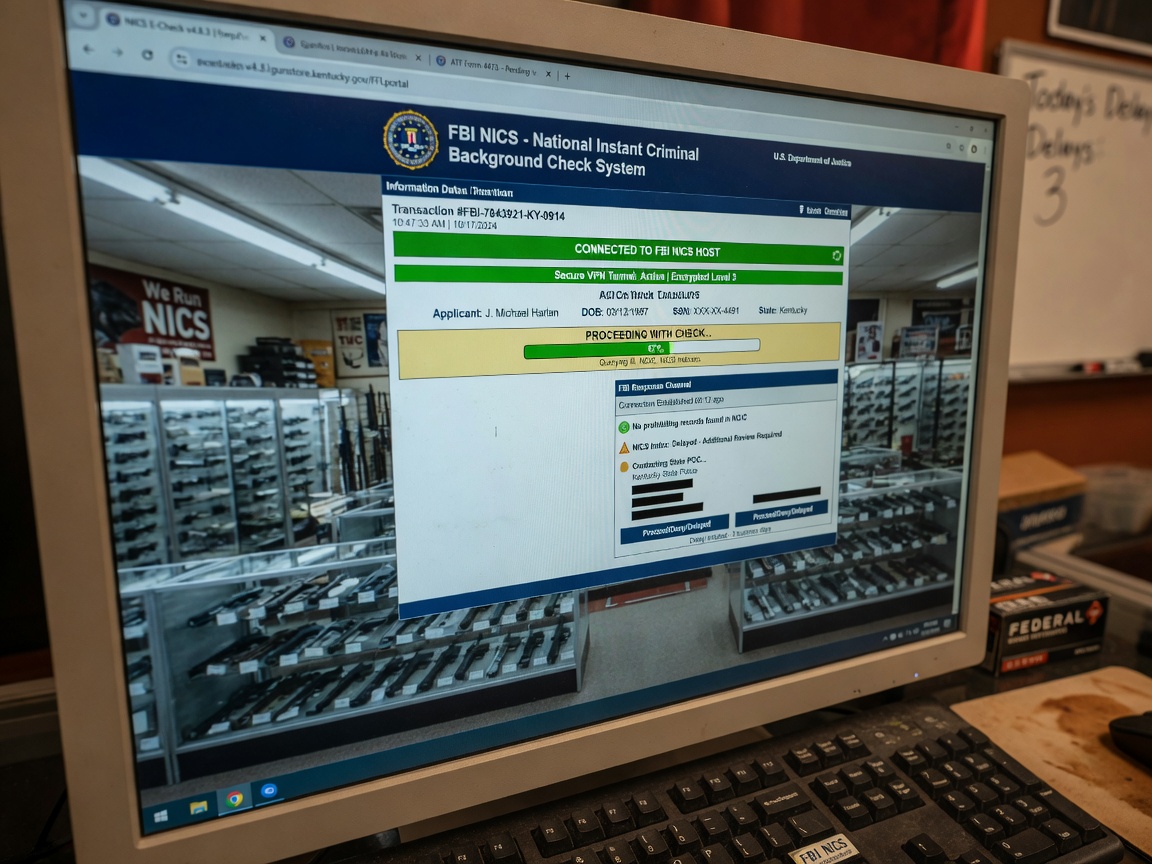Ultra-realistic 8K cinematic shot of NICS background check being processed on a computer screen in a gun store, showing digital interface with FBI connection