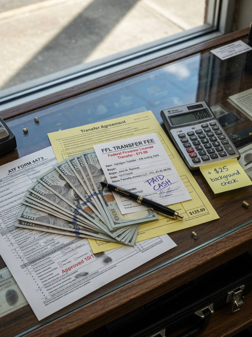 Ultra-realistic 8K close-up of money and receipt for FFL transfer fee on gun store counter with calculator and paperwork, natural lighting