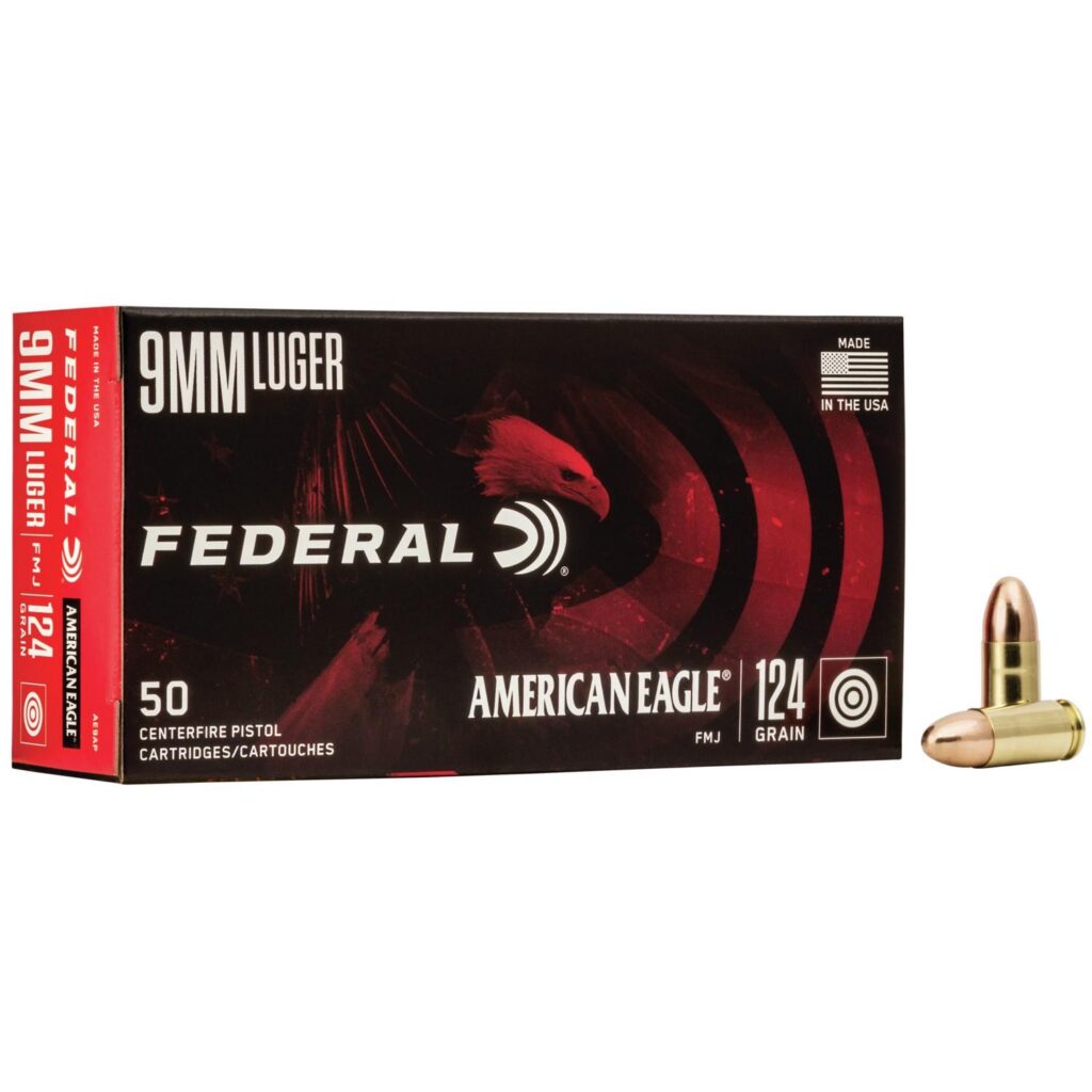 Photorealistic 8K studio hero shot of American Eagle 9mm Luger 124 gr FMJ ammunition box, centered on clean white background, premium product photography, sharp focus, even lighting
