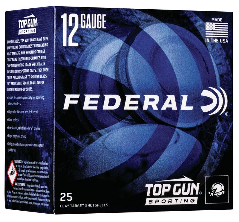 Photorealistic 8K studio product shot of Federal Top Gun Sporting Shotshells 12 ga box centered on clean white background with subtle premium gradient, red and black packaging clearly visible showing all technical specs, sharp focus, commercial lighting