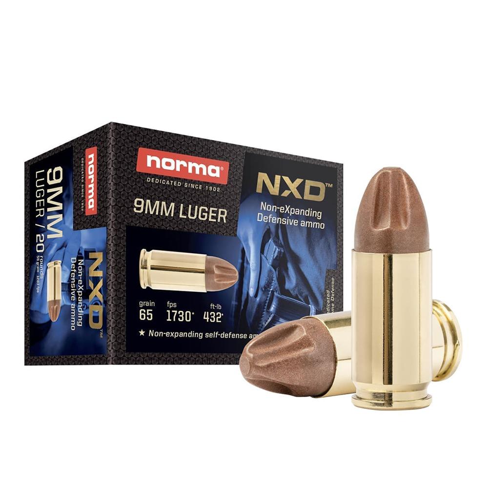 Photorealistic 8K studio product shot of Norma NXD 9mm Luger 65gr ammunition box centered on seamless white background with soft studio lighting, clean reflections, premium e-commerce style