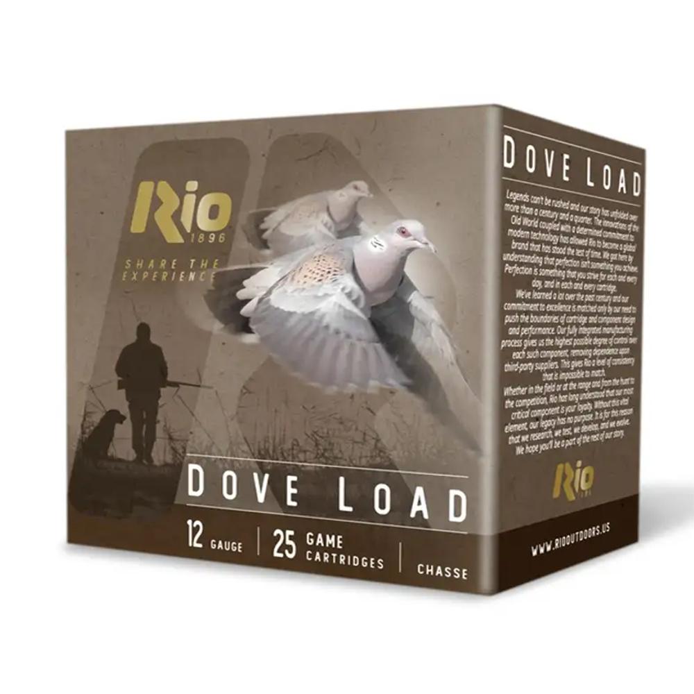 Photorealistic studio hero shot of a single Rio Dove Load 12 gauge shotshell box centered on a clean white background with subtle premium gradient, 8K resolution, sharp focus, commercial product photography lighting
