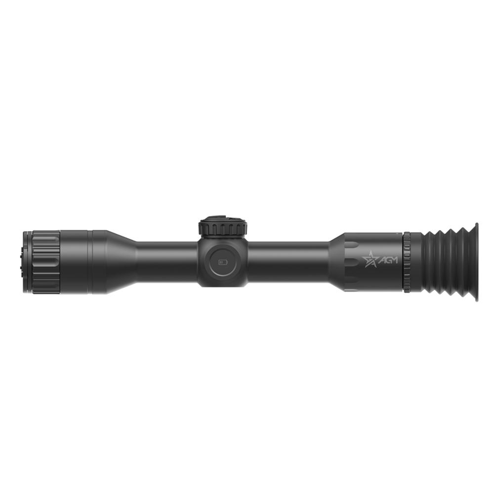 Macro detail shot of the AGM Spectrum 4K Mini Night Vision Scope lens housing, controls, and black anodized texture, studio lighting with soft reflections, 8K photoreal