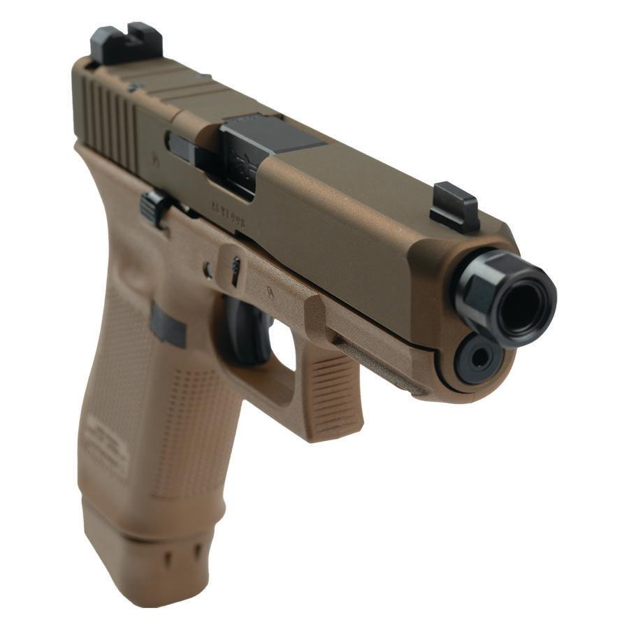 Photorealistic 8K lifestyle angle shot of the same Glock 19X V-Series held in gloved hand at indoor range, FDE finish visible, suppressor mounted on threaded barrel, controlled lighting