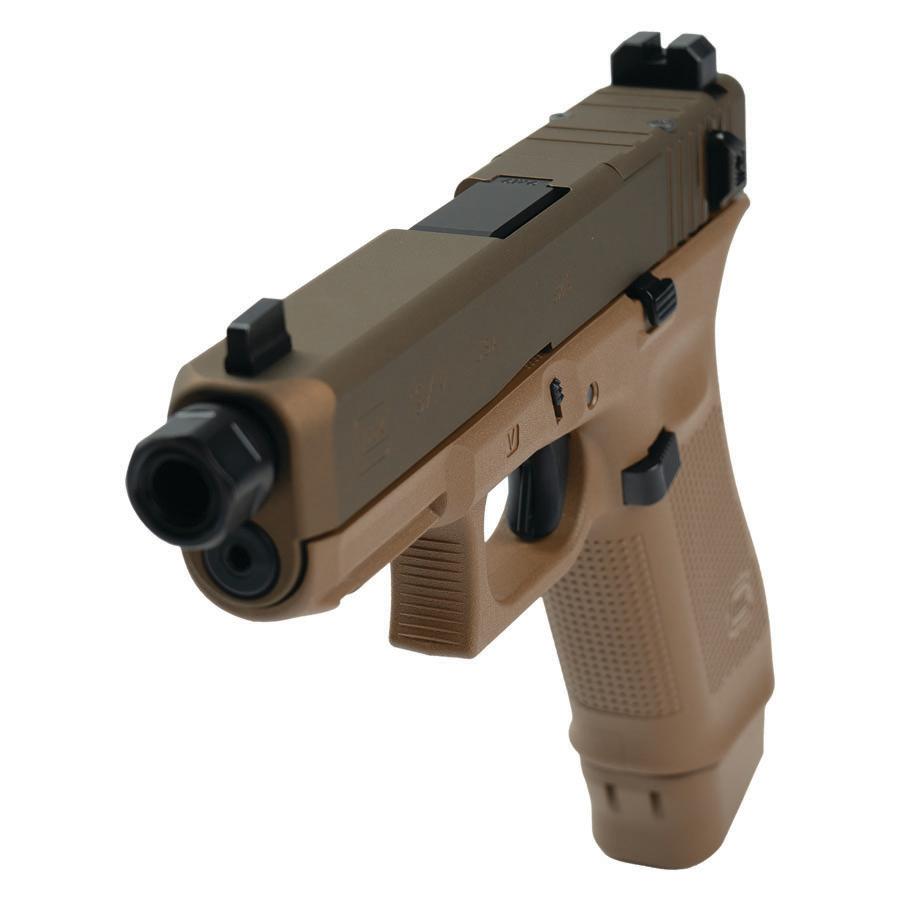 Photorealistic 8K macro detail of the HUSH slide lock and suppressor-height sights on the FDE Glock 19X, extreme close-up showing Cerakote texture and metal finishes