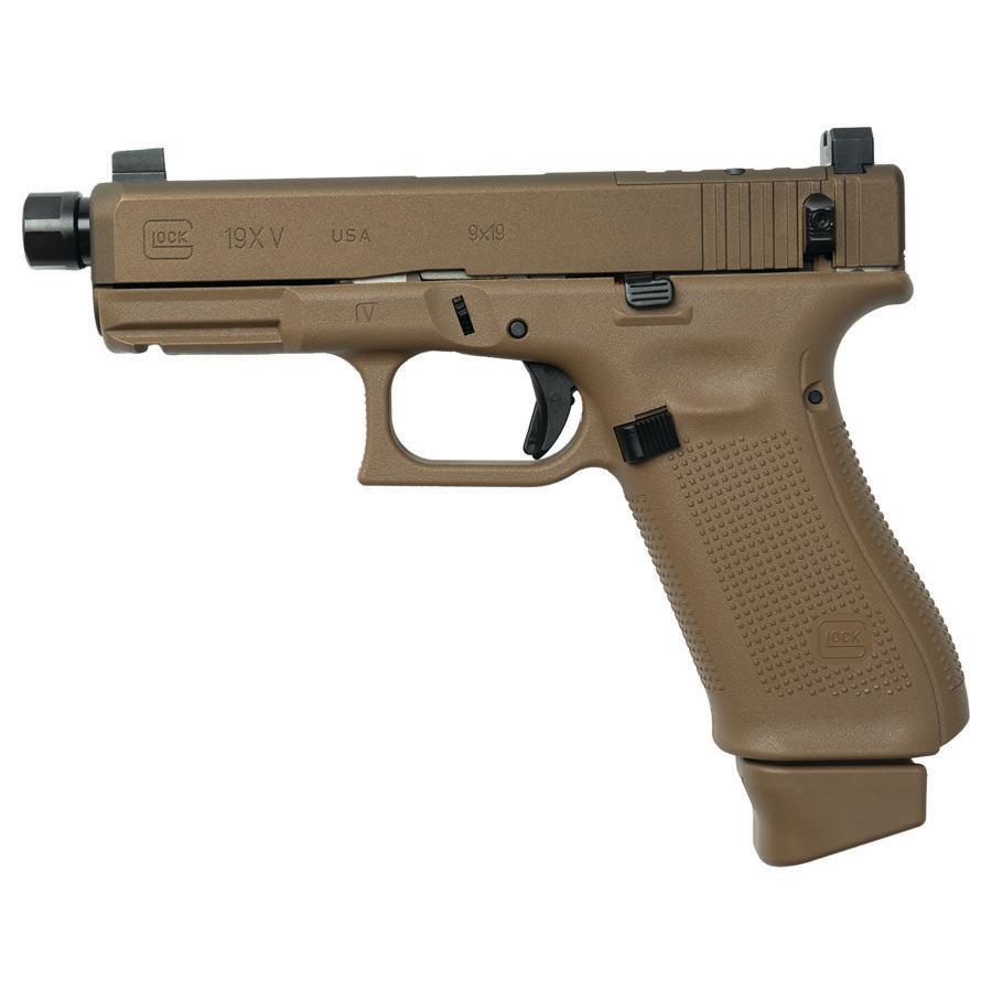 Photorealistic 8K left-side three-quarter view of the Glock 19X V-Series lying on dark tactical surface with three 17-round magazines, FDE frame and black slide contrast highlighted