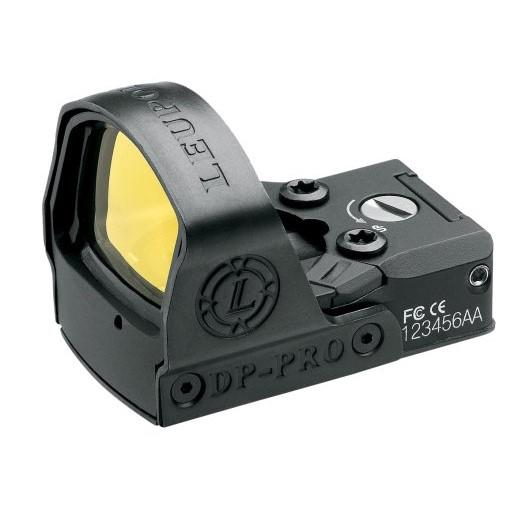 Photorealistic 8K studio hero shot of the exact Leupold DeltaPoint Pro 2.5 MOA Matte Black reflex sight centered on seamless white background, clean product photography, sharp focus on matte black aluminum housing with spring steel shroud, visible 2.5 MOA dot reticle through aspheric lens, premium lighting, no text or logos