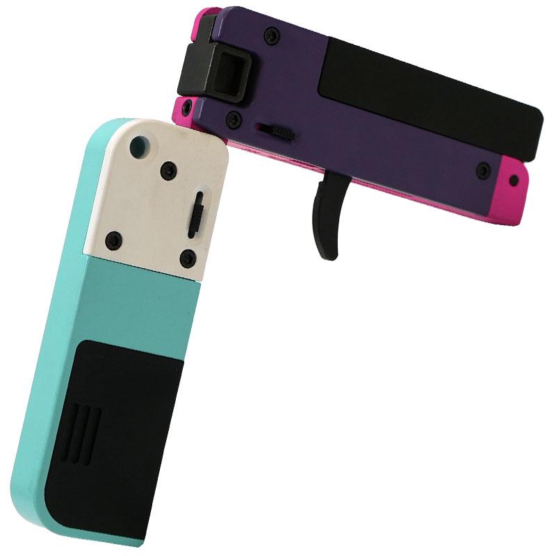 Photoreal 8K side profile shot of the LifeCard handgun in fully folded position showing exact credit-card dimensions and barrel, confetti aluminum surface, studio lighting on white