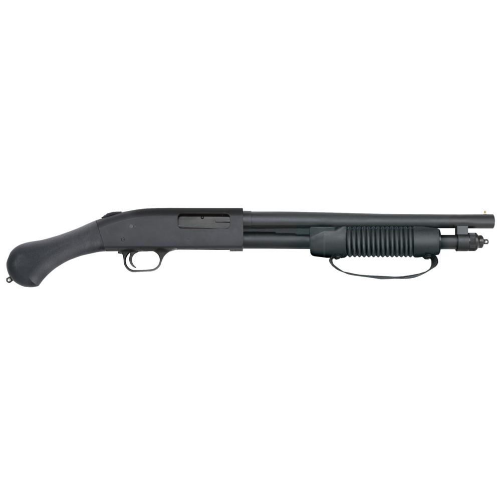 Photorealistic 8K studio product shot of the exact Mossberg 590 Shockwave 20ga shotgun shown in reference image, matte blue heavy-walled barrel, black Raptor bird’s-head grip and corn cob forend with strap, bead sight, centered on seamless white background, premium commercial photography, sharp focus, even lighting
