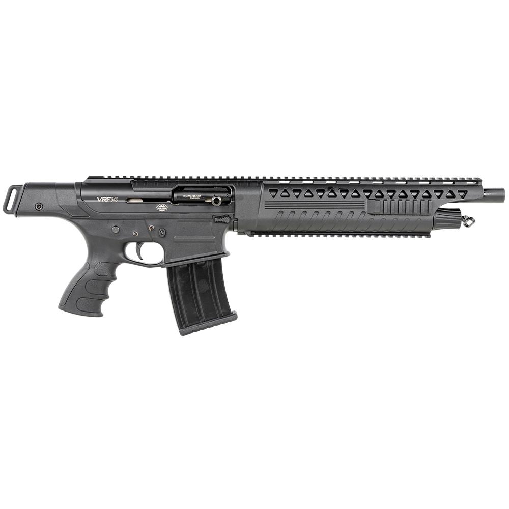 Photorealistic 8K studio hero shot of the Rock Island Armory VRF14 12ga shotgun centered on a clean white background with subtle premium gradient, matte black finish visible, sharp focus on barrel and receiver, professional product photography lighting