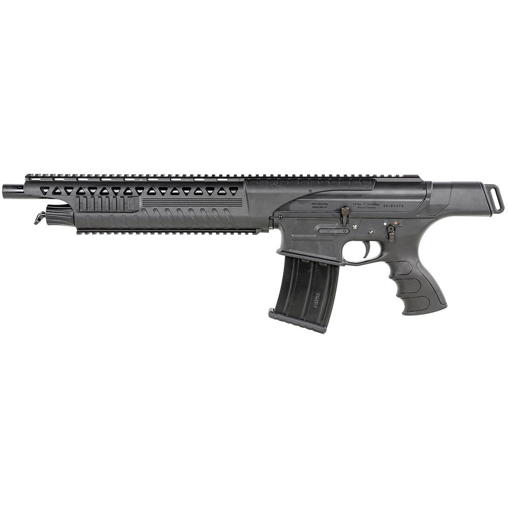 Lifestyle in-use shot of the Rock Island Armory VRF14 shotgun held by a shooter in a controlled indoor range environment, black finish reflecting studio lighting, photorealistic 8K detail
