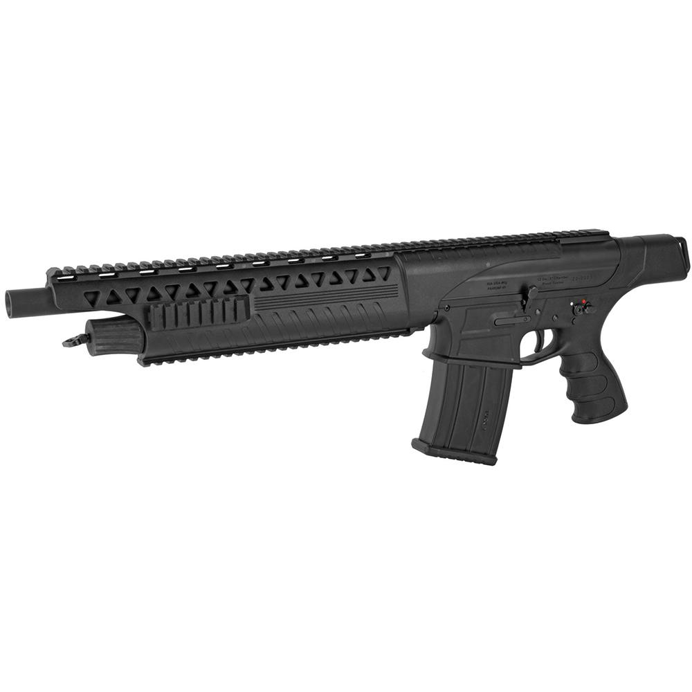 Three-quarter angle studio shot of the Rock Island Armory VRF14 shotgun on a dark premium surface, emphasizing the 14-inch barrel length, stock profile, and overall compact design, 8K photorealistic