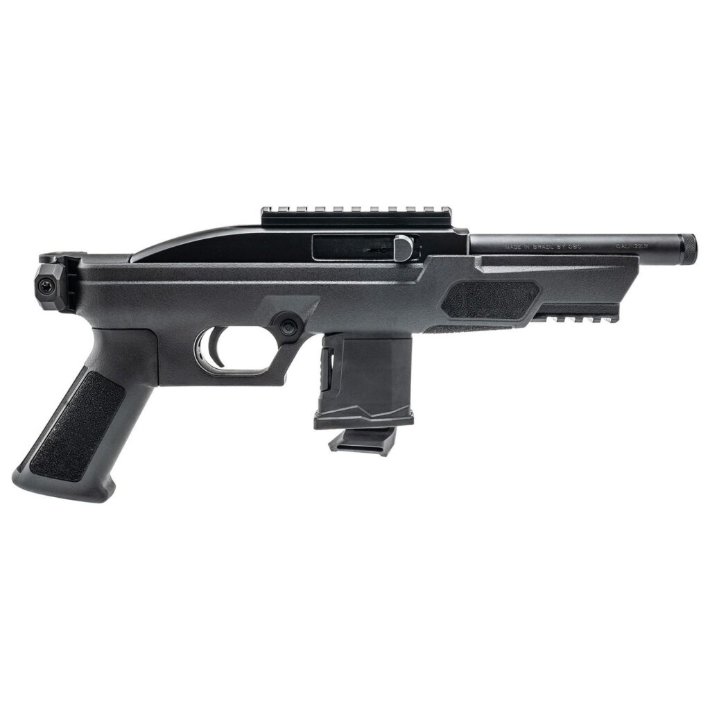 Photorealistic 8K studio hero shot of the Rossi RS22P black anodized pistol with 6-inch threaded barrel, stabilizing brace attached, centered on seamless white background, sharp focus on Picatinny rails and AR grip, premium product photography lighting