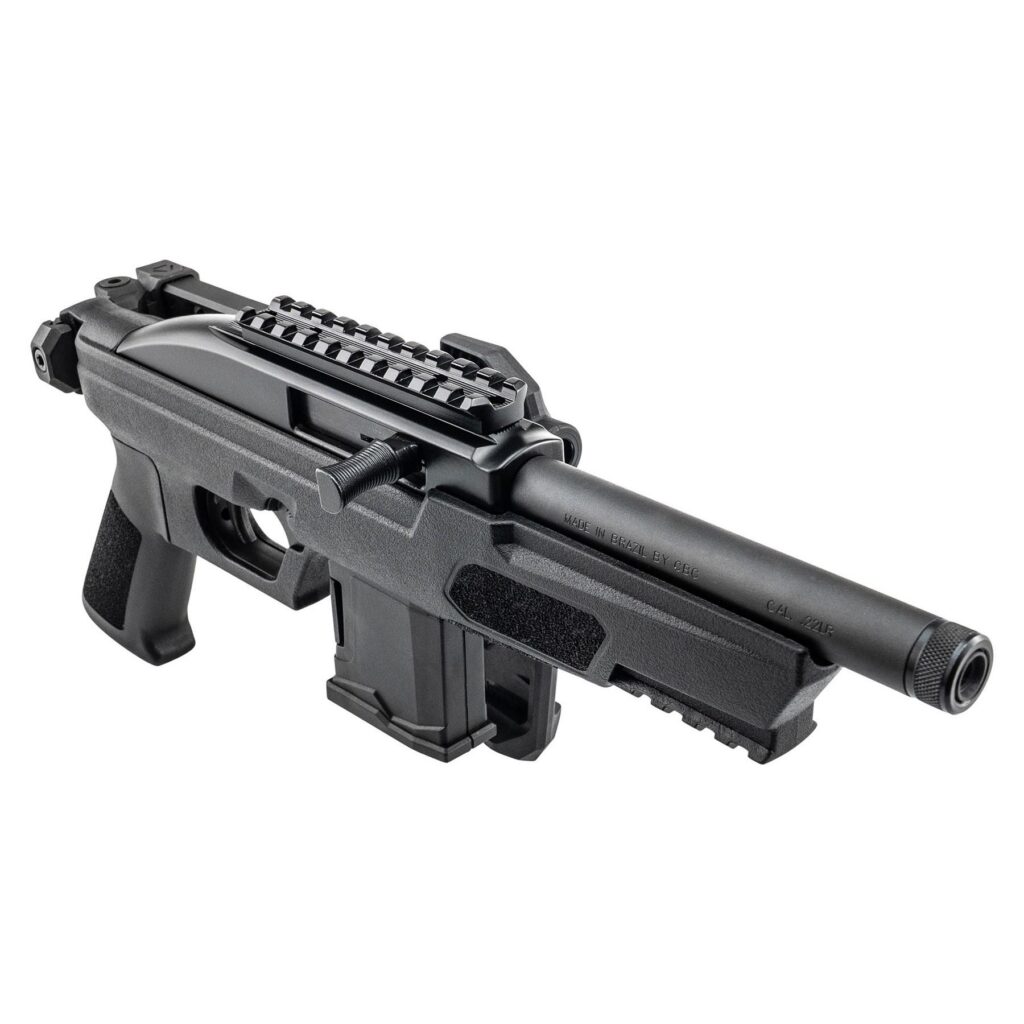 Lifestyle 8K image of the Rossi RS22P pistol held at a shooting range with brace deployed, black frame and barrel visible, soft outdoor lighting, realistic depth of field showing suppressor-ready muzzle