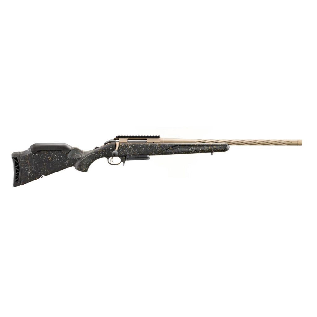 Photorealistic 8K studio hero shot of Ruger American Gen II Prairie rifle in 6.5 Creedmoor, black splatter stock, smoked bronze Cerakote fluted barrel, centered on seamless white background, clean professional product photography, sharp focus, no text