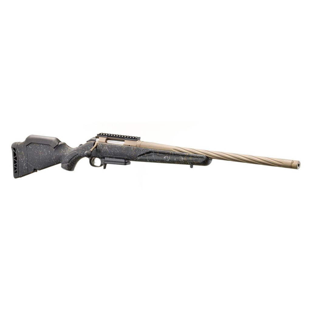 Lifestyle image of the rifle shouldered by a hunter in open prairie at golden hour, natural lighting, realistic outdoor setting, 8K photoreal