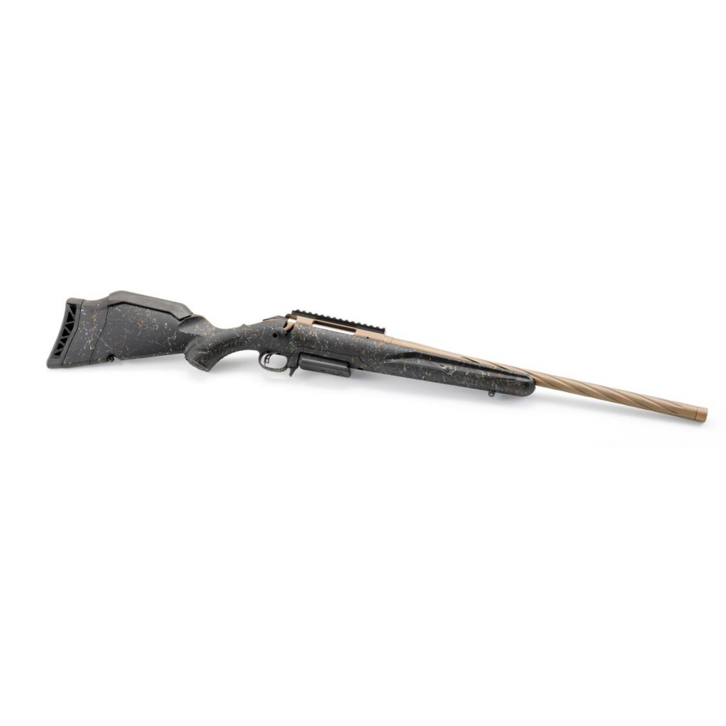 Close-up of the black splatter Gen II stock texture, rubber recoil pad, and adjustable comb, high-resolution product detail, neutral background