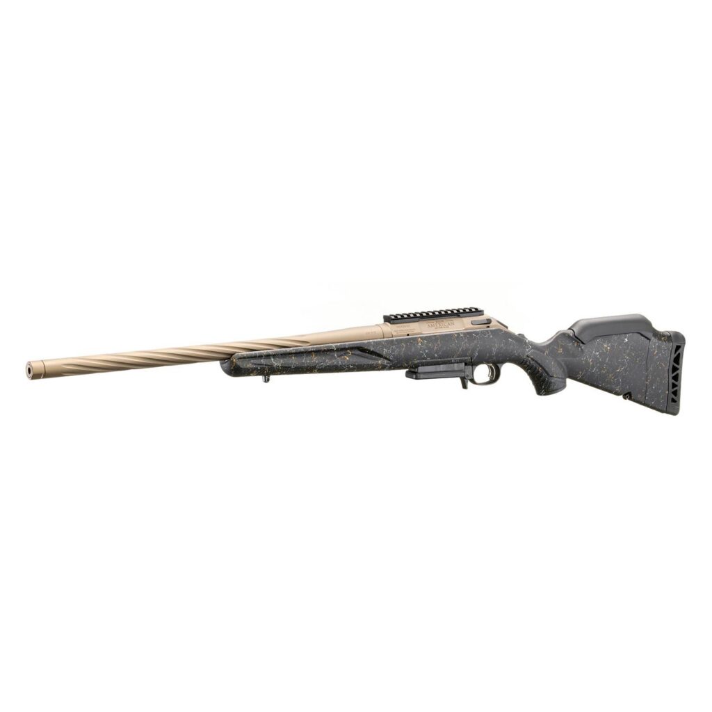 Three-quarter angle view showing the one-piece Picatinny rail, oversized bolt handle, and overall profile on a dark premium surface, 8K studio photography