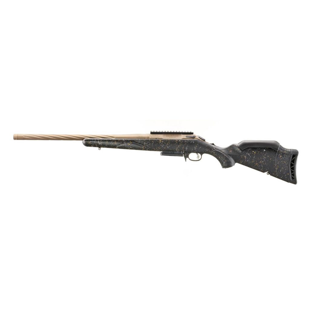 Side profile of the rifle with 3-round AI magazine installed, highlighting the 41.25-inch overall length and bull barrel contour, clean white backdrop, photoreal 8K