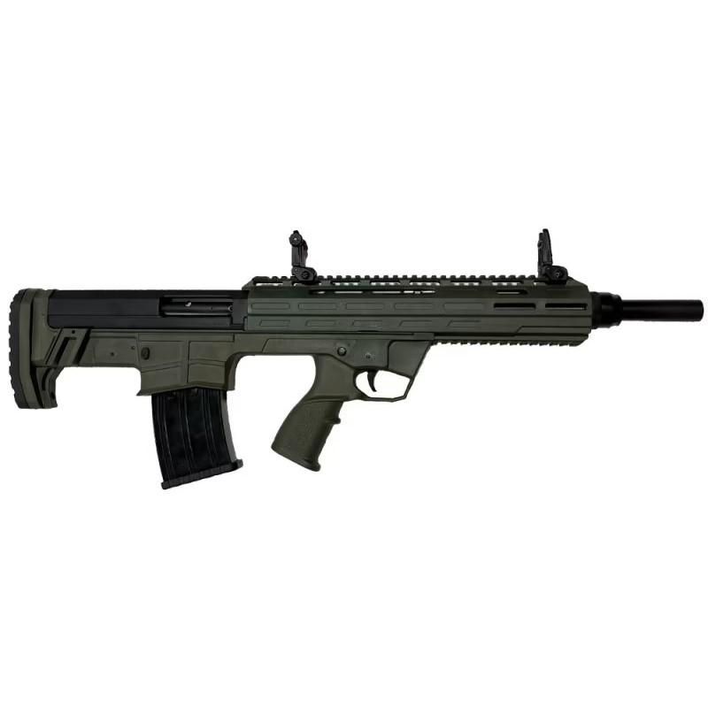 Photorealistic 8K studio product shot of SDS Imports TBP-12 bullpup shotgun in ODG synthetic stock with black oxide barrel, centered on seamless white background, clean commercial lighting, sharp focus on receiver and rail details