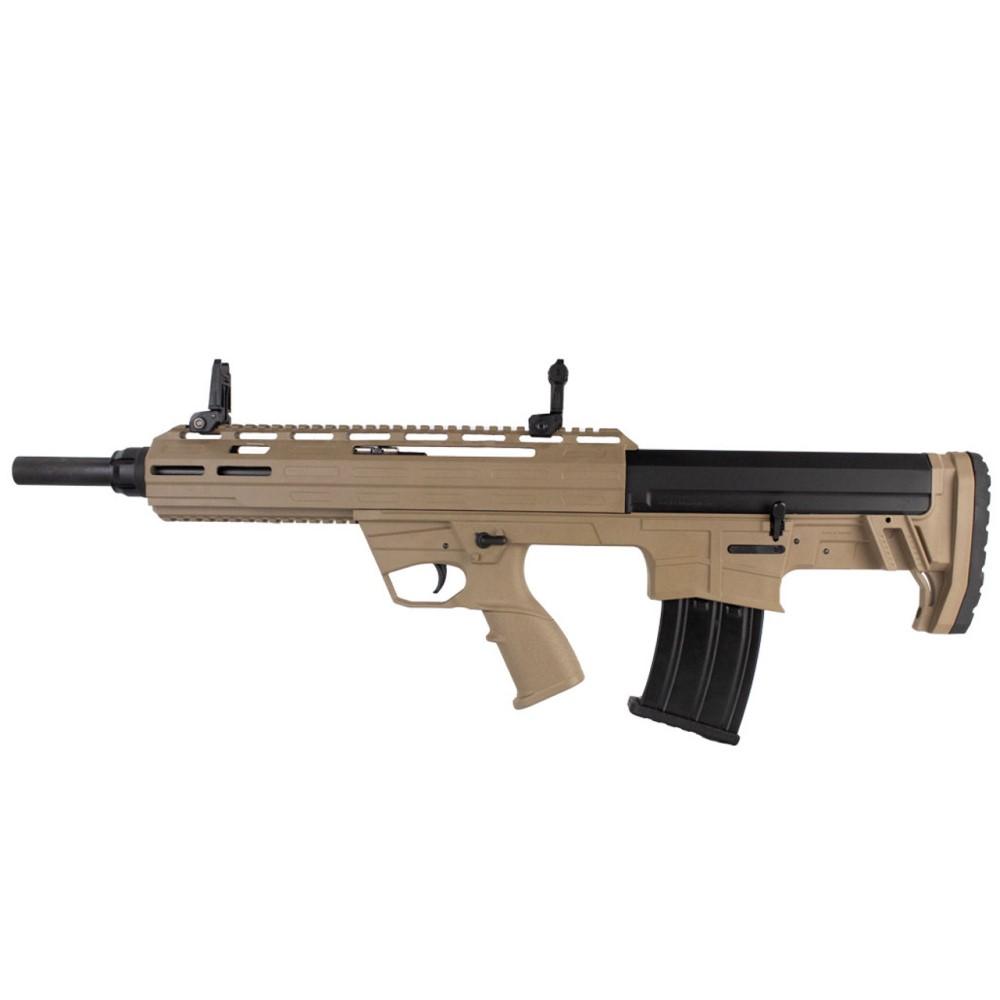 Photorealistic 8K lifestyle image of the Tokarev TBP shotgun held in ready position by a shooter wearing tactical gear at an outdoor range, natural daylight, detailed FDE texture visible, dynamic angle