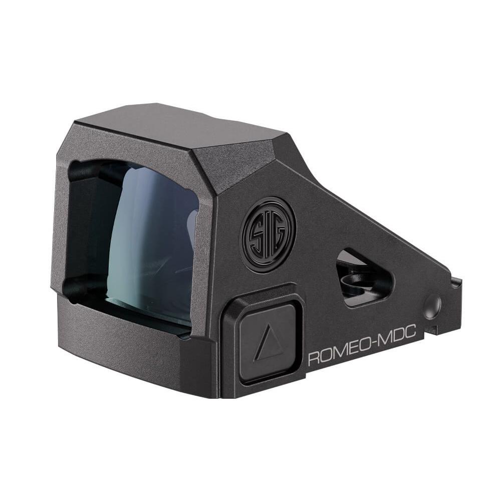 Photorealistic 8K studio hero shot of Sig Sauer Romeo-MDC red dot sight in matte black finish, centered on seamless white background with soft gradient lighting, sharp focus on housing and lens, premium product photography style