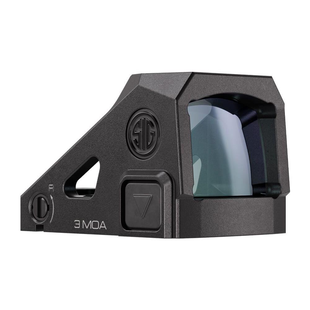 Extreme macro detail shot of the Romeo-MDC lens and adjustment turrets, showcasing matte black finish, crisp 3 MOA dot projection, and engraved markings, studio lighting, 8K photoreal