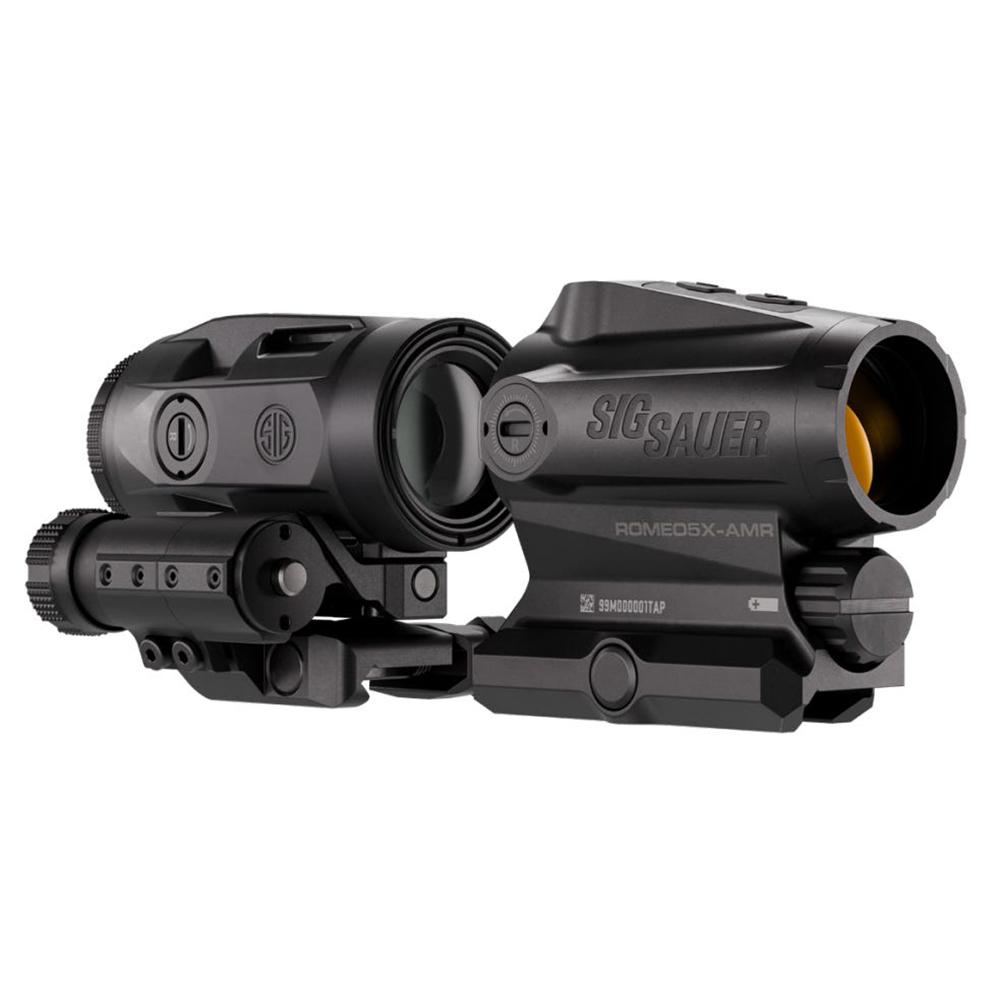 Photorealistic 8K studio product shot of the Sig Sauer ROMEO5X-AMR black tube red dot sight paired with JULIET3-MICRO AMR magnifier on clean white background, centered composition, premium lighting, sharp focus on matte black finish and flip-to-side mount