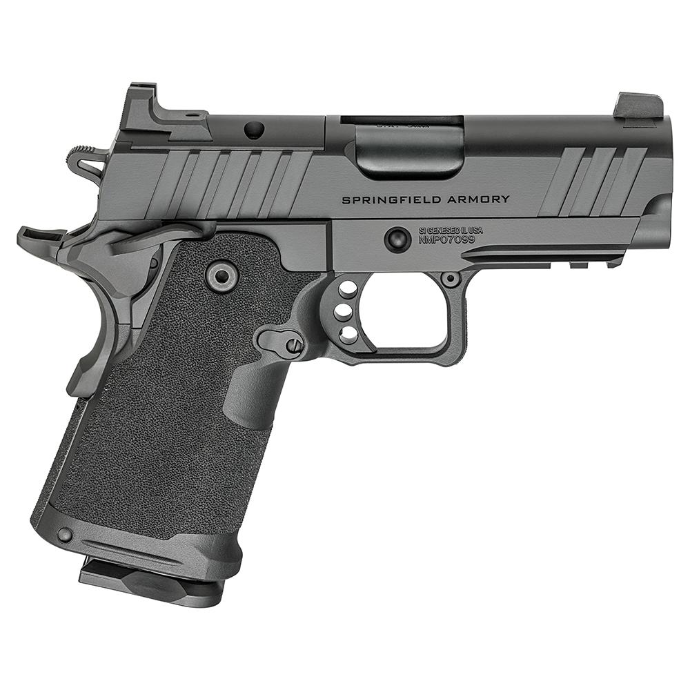 Photorealistic studio product shot of the Springfield Armory 1911 DS Prodigy Compact handgun in black Cerakote finish, centered on seamless white background, 8K resolution, clean lighting, sharp focus on barrel and slide details