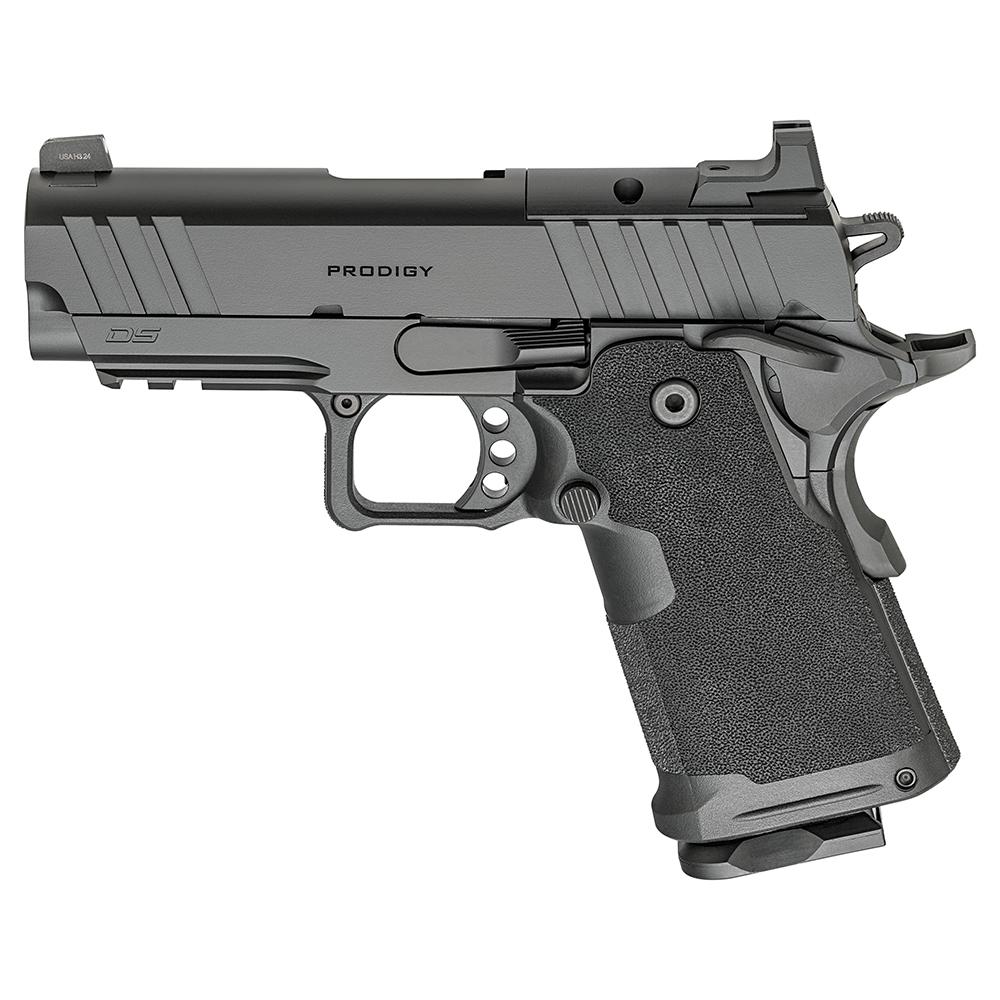 Lifestyle image of the Springfield 1911 DS Prodigy Compact held in a professional two-handed grip on a shooting range, natural daylight, photorealistic, 8K