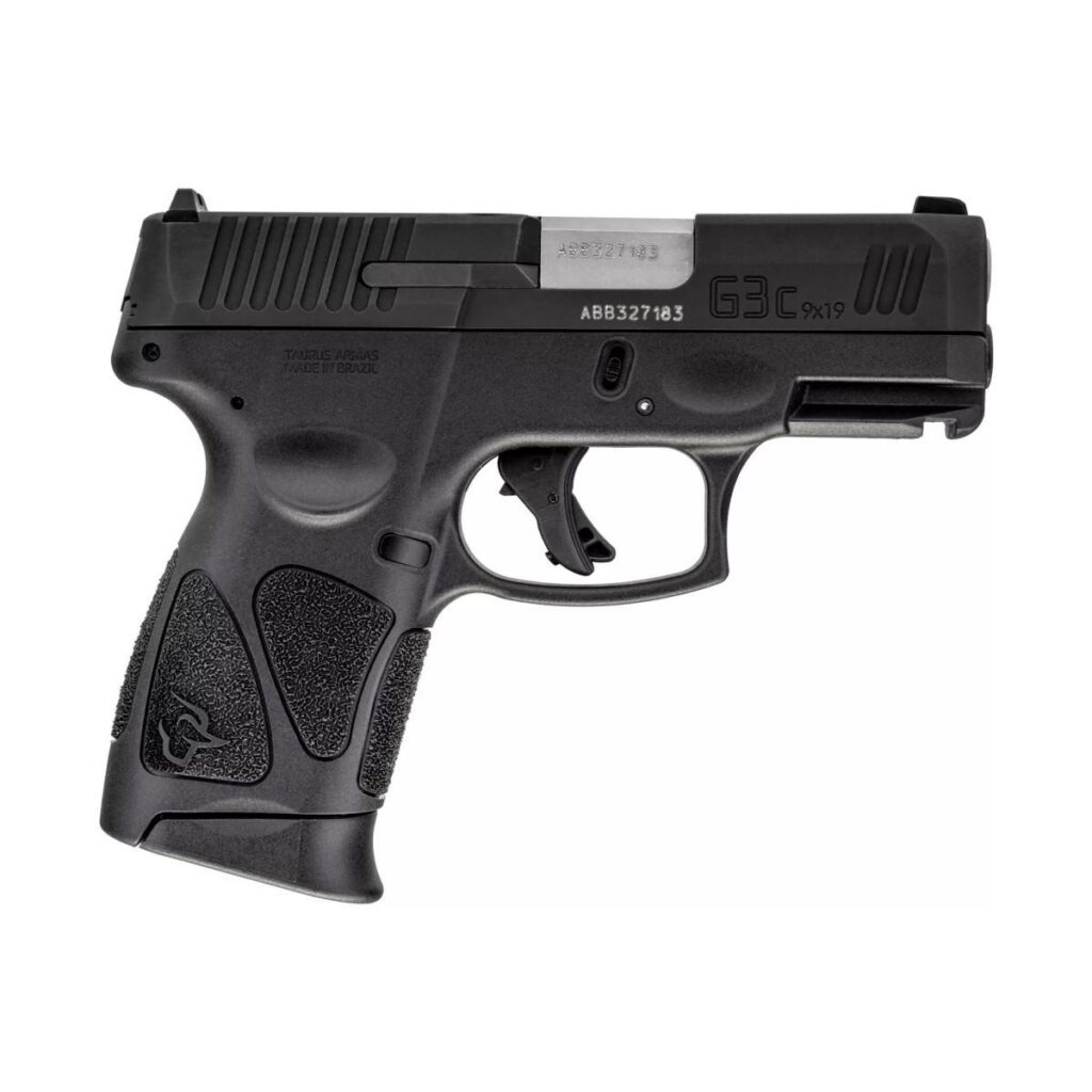 Photorealistic 8K studio hero shot of Taurus G3C 9mm handgun in matte black finish with US flag holster, centered on clean white background, premium even lighting, sharp focus on details and textures