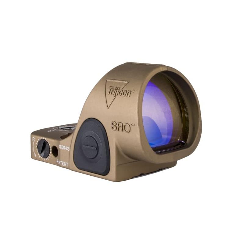 Photoreal 8K studio hero shot of Trijicon SRO 2.5 MOA green dot sight in Coyote Brown anodized finish, centered on seamless white background, clean product photography, soft even lighting, sharp focus on housing and lens