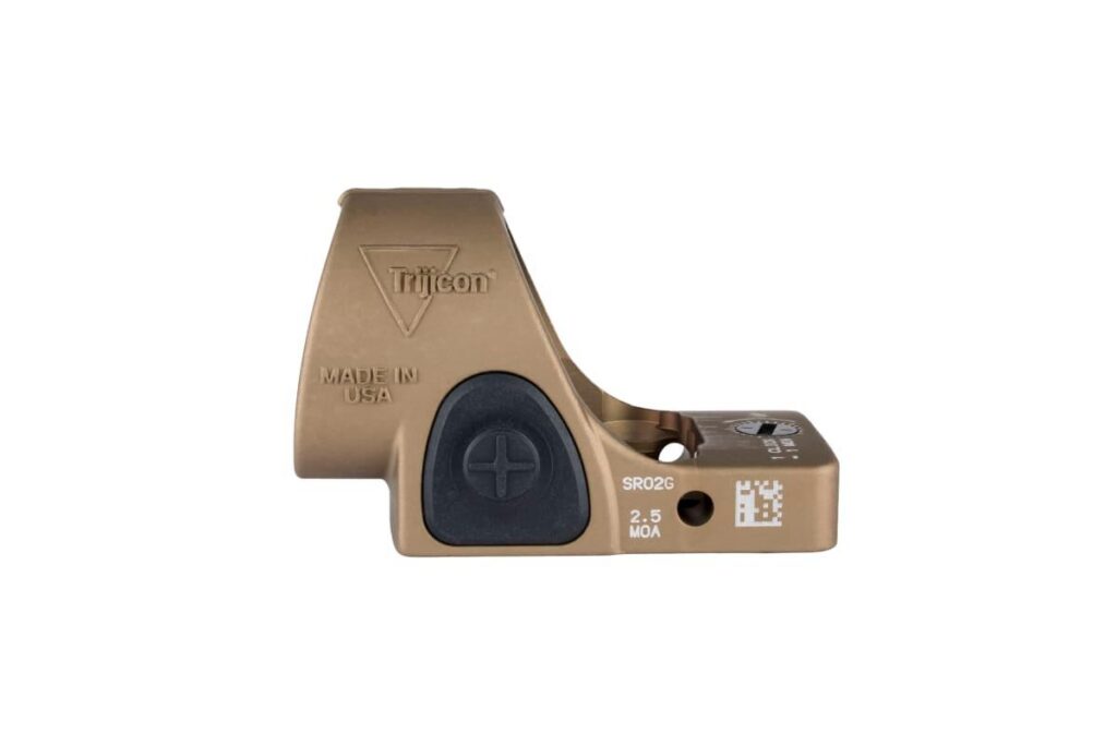 Photoreal 8K three-quarter angle studio shot of Trijicon SRO Coyote Brown sight on black acrylic stand, highlighting window size and green dot illumination, clean gradient background, commercial product photography