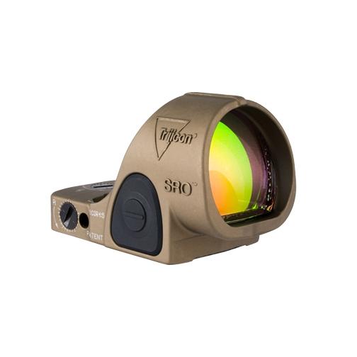 Photorealistic 8K studio hero shot of Trijicon SRO 2.5 MOA red dot sight in coyote brown anodized finish, centered on seamless white background, clean reflections, premium product photography