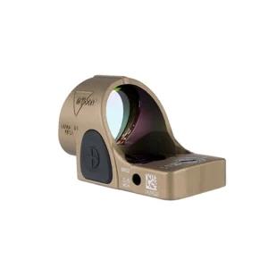 Macro detail shot highlighting the coyote brown anodized texture and crisp laser-engraved markings on the Trijicon SRO housing, 8K studio macro