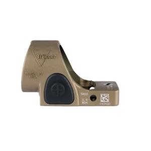 Three-quarter angle view of the Trijicon SRO 2.5 MOA in coyote brown, showing lens profile and adjustment controls on a dark premium surface, 8K product photography
