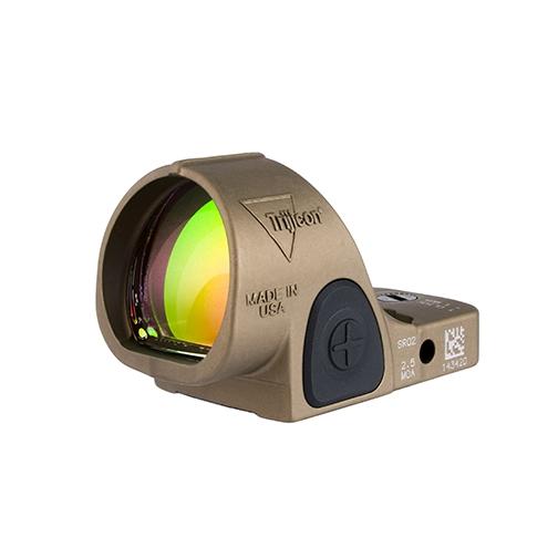 Side profile close-up of the Trijicon SRO red dot optic in coyote brown anodized finish, emphasizing the forged aluminum body and compact footprint, 8K studio shot
