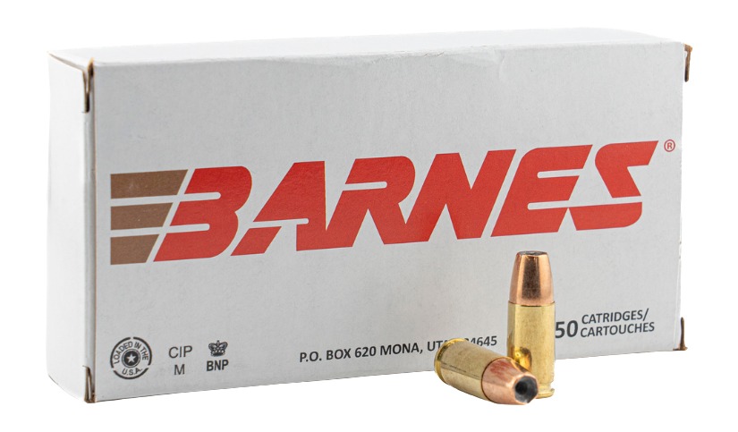 Photorealistic 8K studio hero shot of Barnes Defense Sierra JHP 9mm Luger 124gr ammunition box centered on seamless white background, clean lighting, sharp focus on product labeling and packaging details