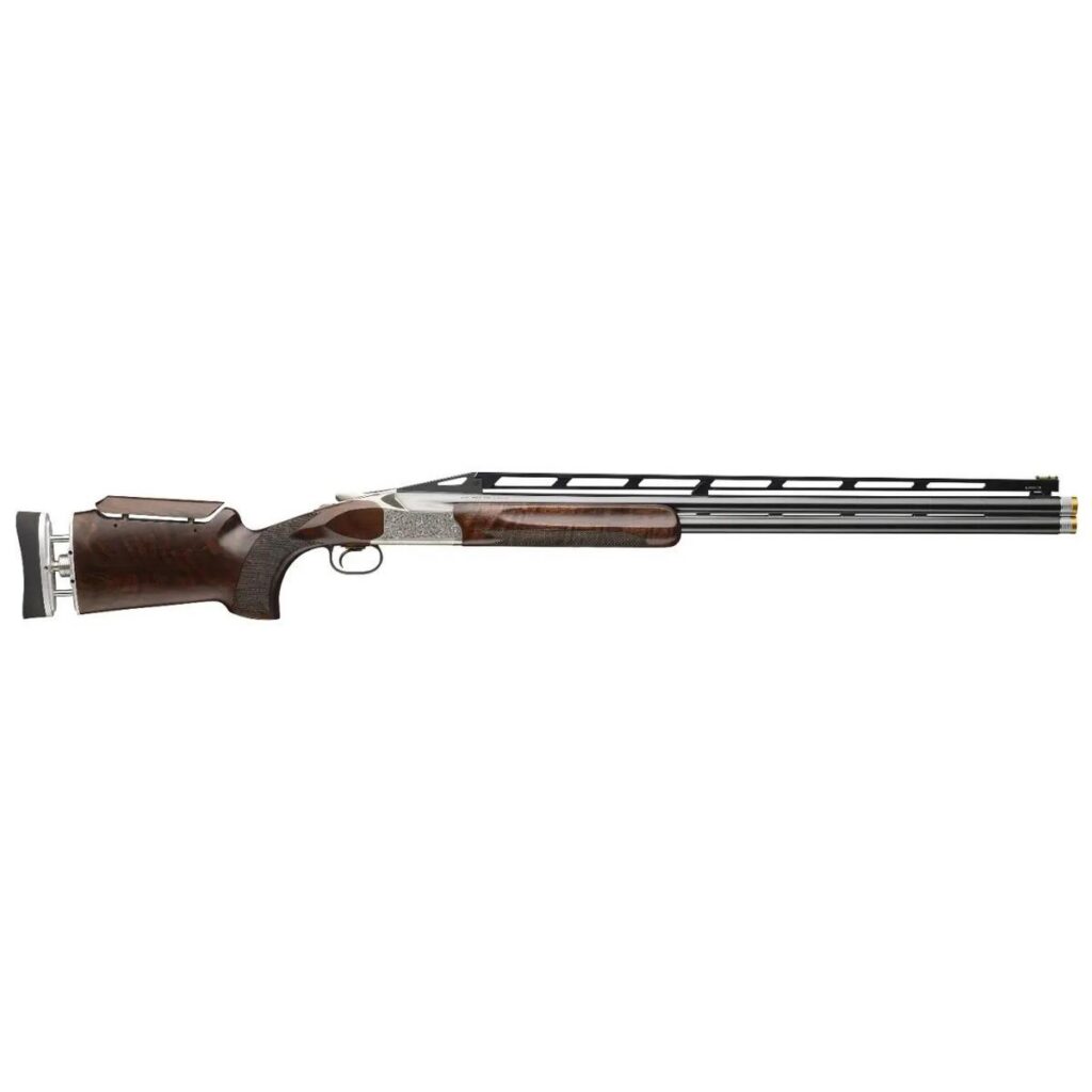Photoreal 8K studio hero shot of Browning Citori 825 Max Trap 12ga O/U shotgun centered on seamless white background, polished blued barrels, silver nitride receiver with gold engraving, Grade V/VI walnut stock with gloss oil finish, sharp focus, commercial product photography