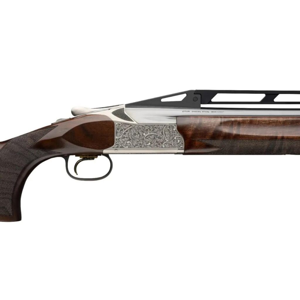 Lifestyle action shot of shooter shouldering the Browning Citori 825 Max Trap at a trap range, golden hour light, walnut stock visible, dynamic angle showing adjustable comb