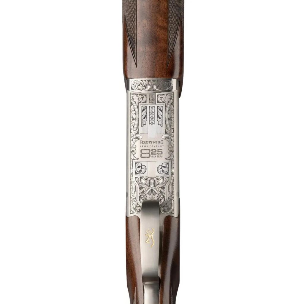 Close-up of the Grade V/VI checkered walnut stock, cut 20 LPI checkering, and adjustable comb mechanism on the Browning Citori 825 Max Trap, soft studio lighting