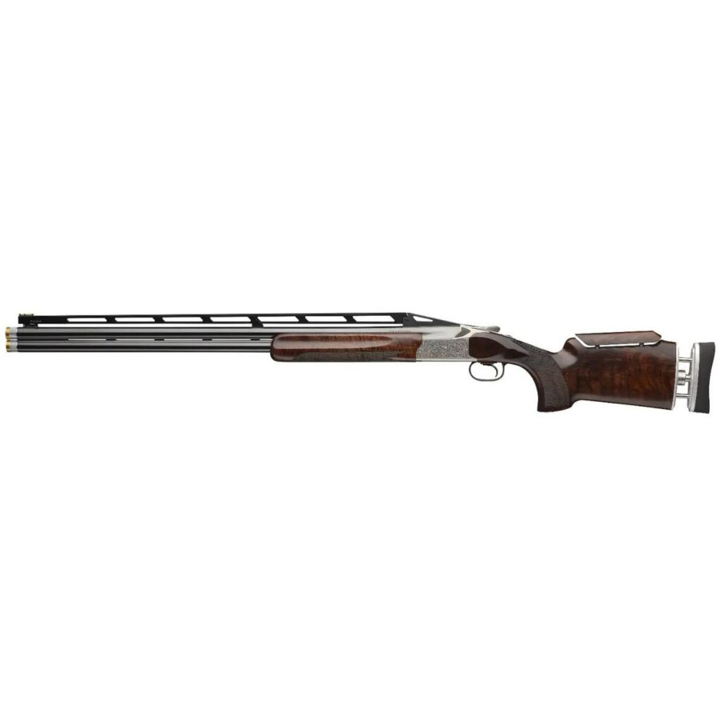 Three-quarter rear angle showing the HiViz Pro-Comp sight, extended Invector-DS chokes, and overall length of the Browning Citori 825 Max Trap on dark premium backdrop