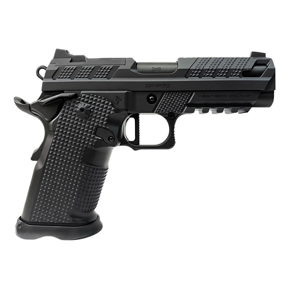Photoreal 8K studio product shot of the exact Fusion XP Pro V2 handgun in matte black Tenifer QPQ finish, centered on seamless white background, clean lighting, sharp focus on tri-top slide, front serrations, and optic plate, no text or logos